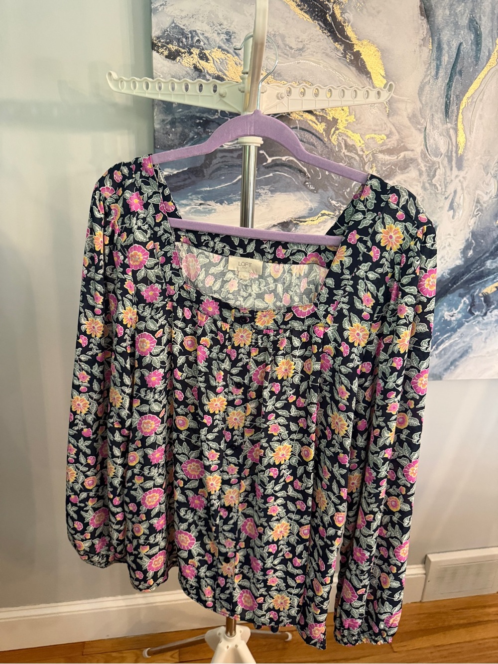 LOFT Navy Floral Peasant Blouse with Pink & Yellow Blooms